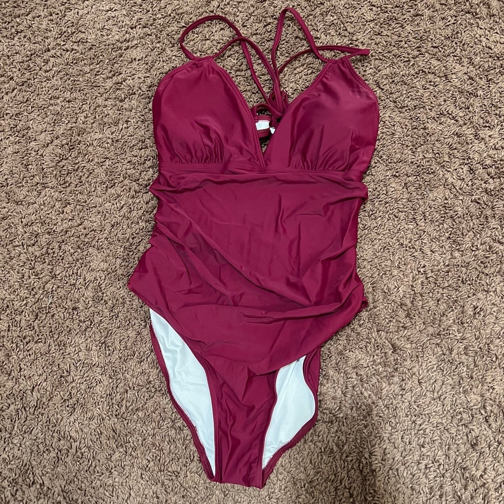 Charmo Women Burgundy Ruched One Piece Swimsuit‎ UPF 50+ V-Neck Size XL NWT